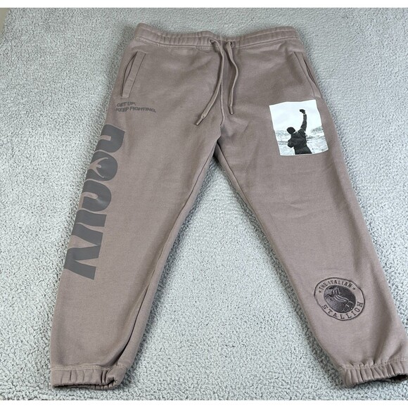 Rocky x Shoe Palace Joggers  L Brown Khaki Sweatpants Spellout Heavyweight 32x26 - Picture 1 of 16